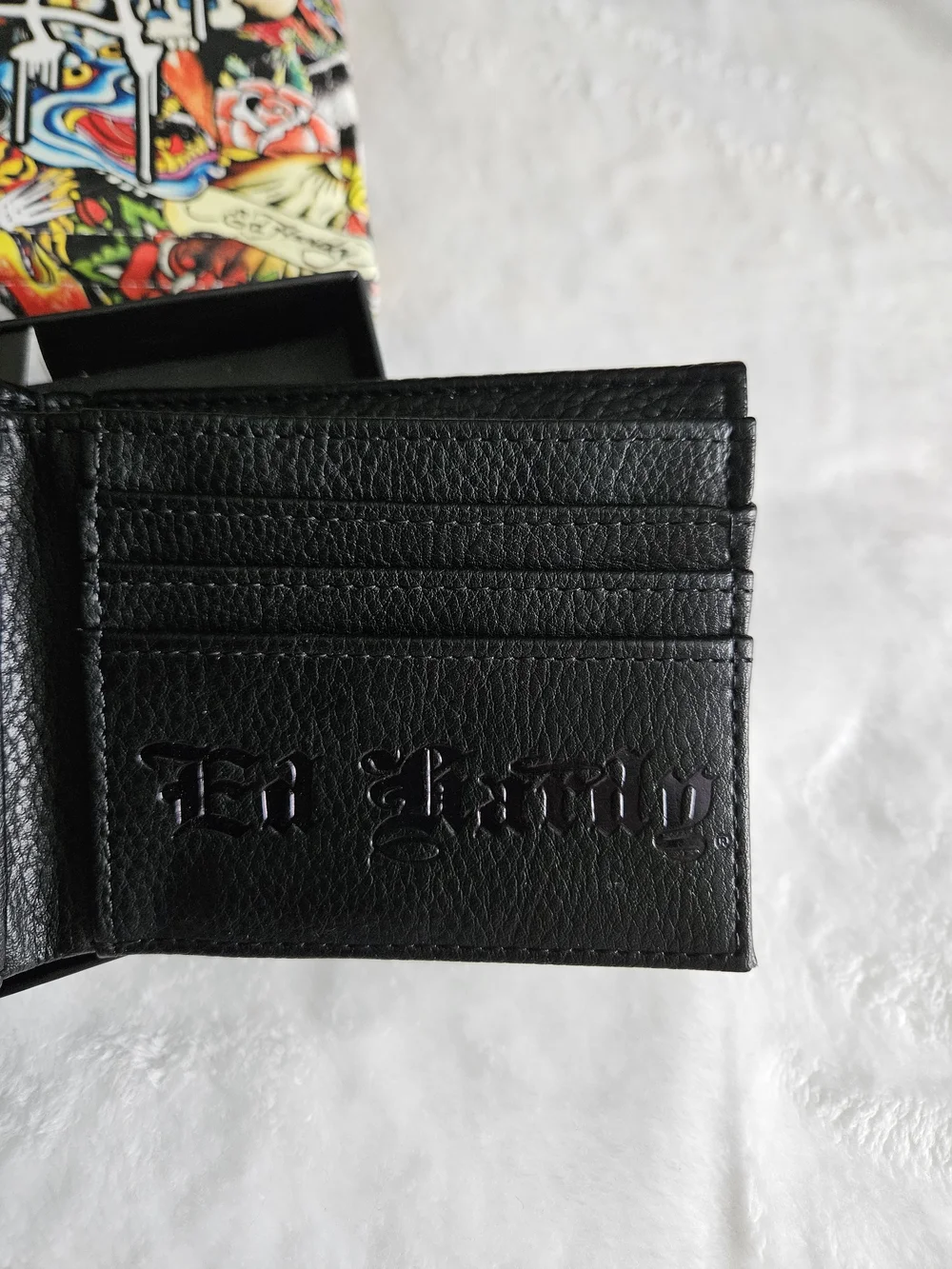 Ed Hardy Black Pebbled Leather Bi-Fold Wallet With Gift Case